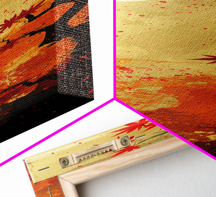 Dramatic Red Autumn Leaves Against Golden Sky Depicted Japanese Style Tall Framed Canvas Print Seasonal Wall Art