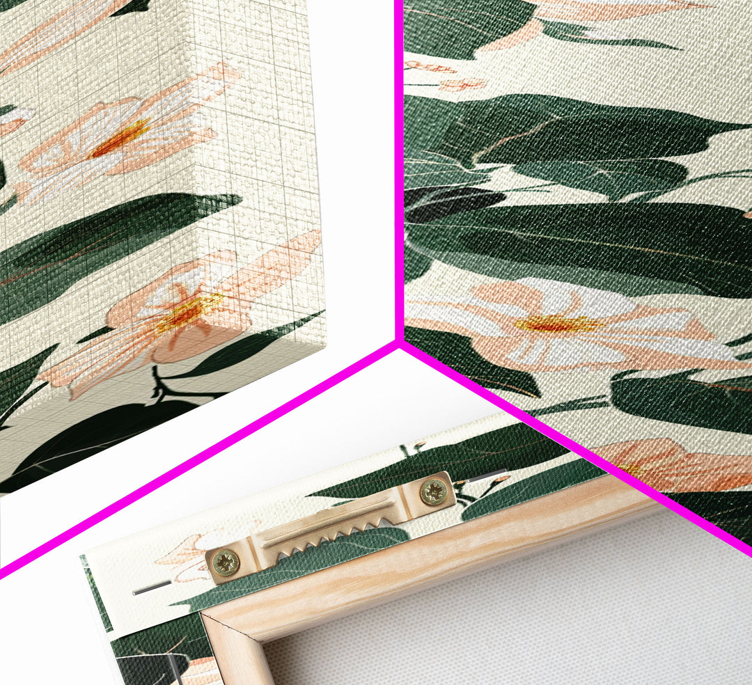 Creamy White Blossoms with Deep Green Leaves Overlapping on a Soft Background Ukiyo-e Art Japanese Framed Canvas Print Skinny Tall Art