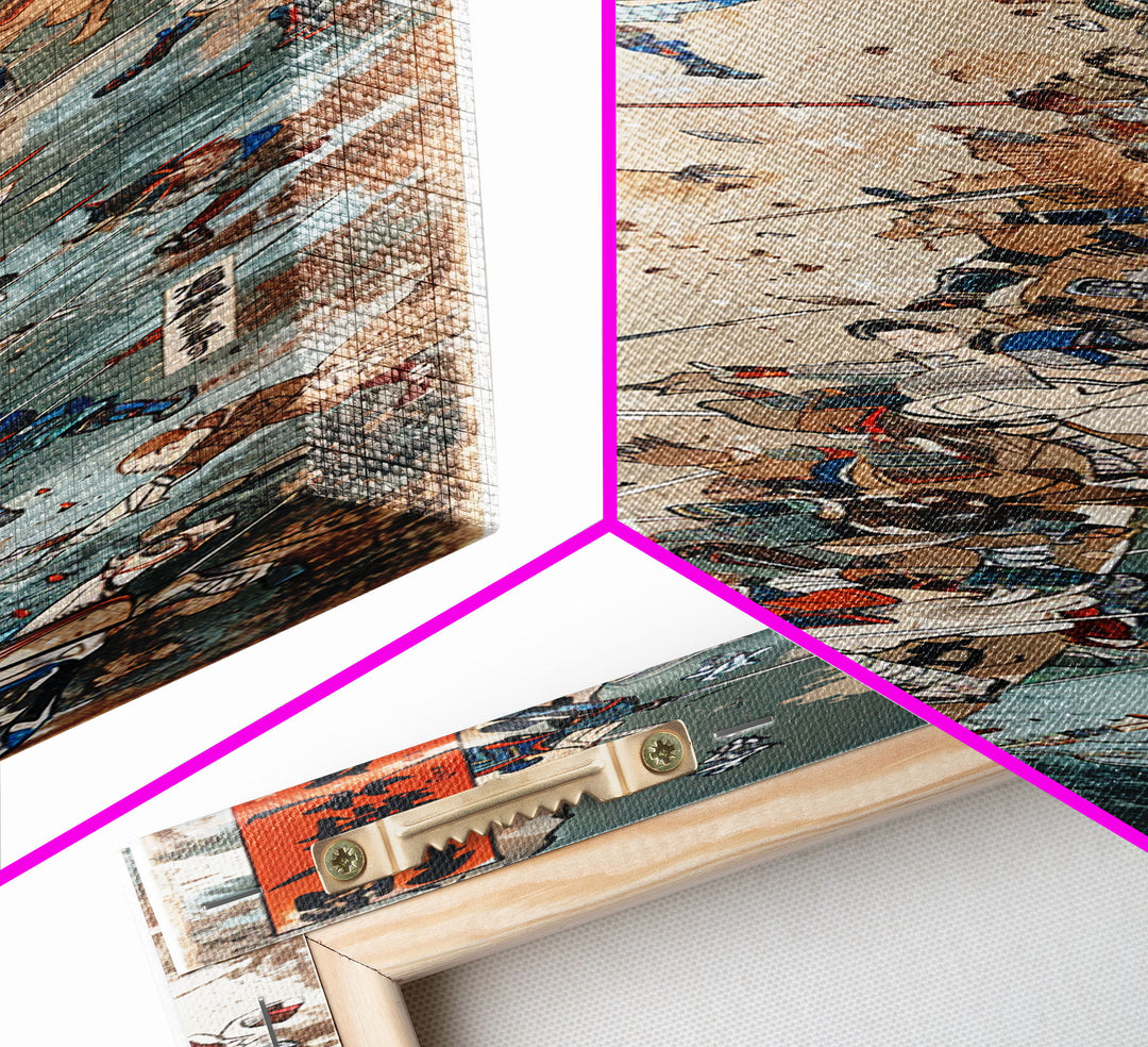 Battle Scene Featuring Warriors in Traditional Japanese Armor Ukiyo-e Art Framed Canvas Print Skinny Tall Art