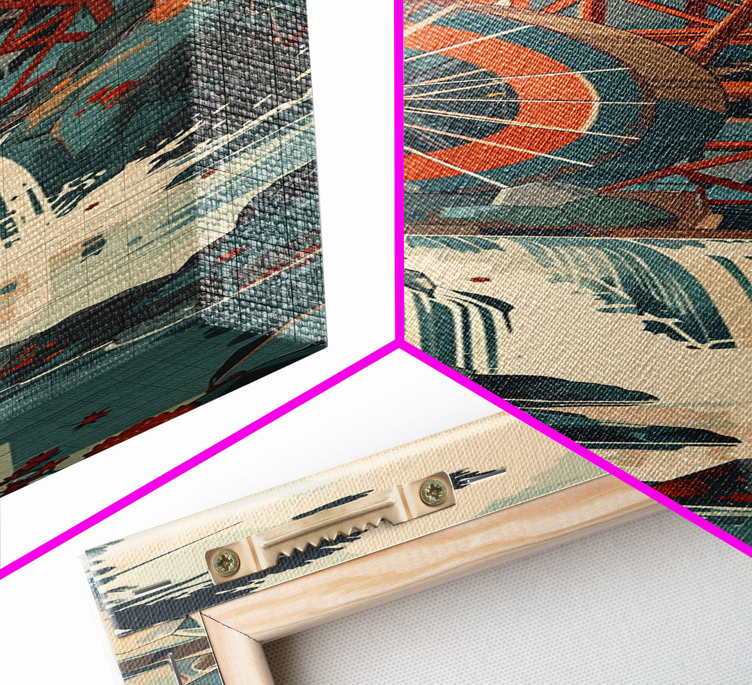 Traditional Japanese Watermill Skinny Wall Art Framed Canvas Print Overlooking Cascading Waterfall in Autumn Colors Japanese Art