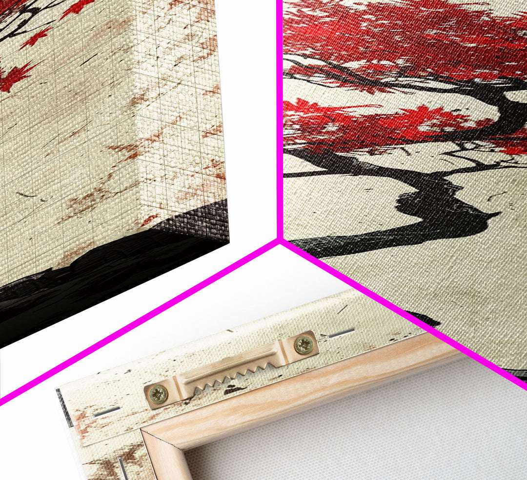 Red Maple Bonsai Tree Japanese Art Skinny Wall Art Framed Canvas Print with Windswept Branches and Red Leaves