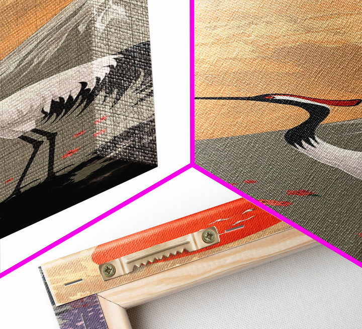 Japanese Crane Skinny Wall Art Framed Canvas Print in a Garden with Wisteria Flowers and Mount Fuji in the Background