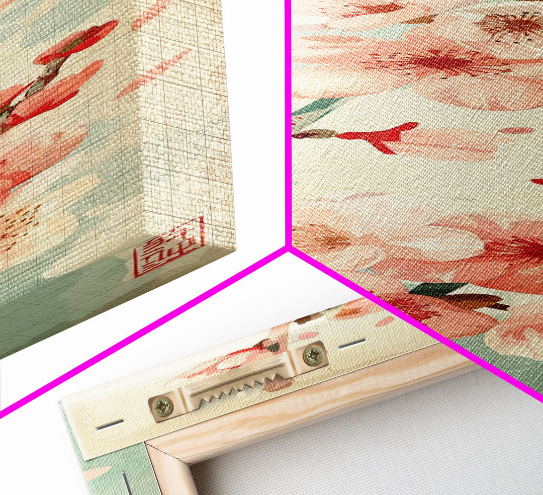 Cherry Blossom Japanese Art Skinny Wall Art Framed Canvas Print in Light Pastel Colors on Branch Against Subtle Green Background