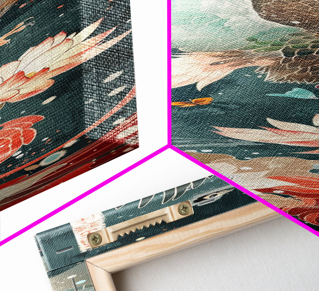 Majestic Eagle Japanese Art Skinny Wall Art Framed Canvas Print Soaring Above Lotus Flowers in Serene Water Scene