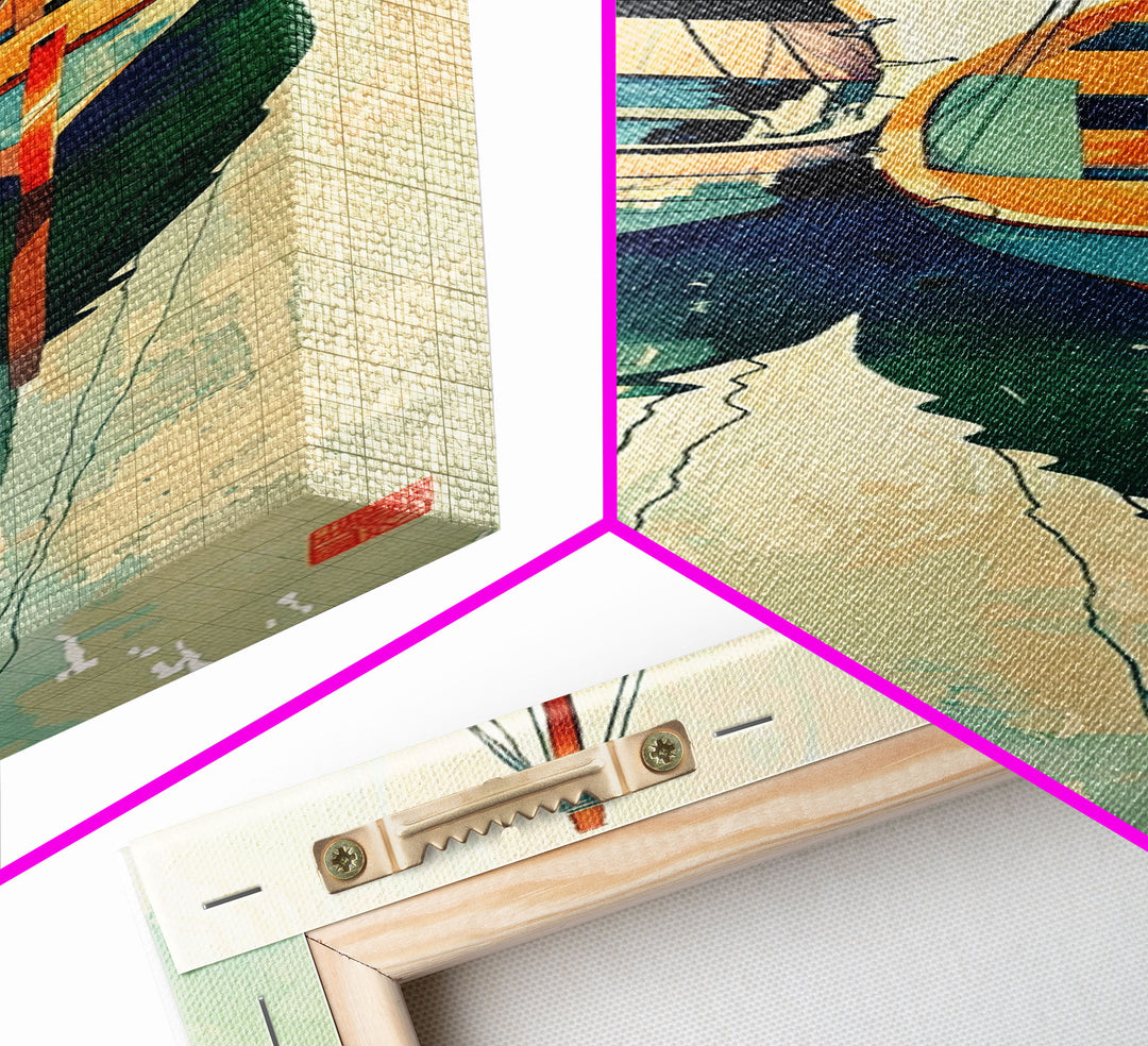 Reflective Calm Sailboats In The Harbor – Framed Canvas Print Featuring Skinny Art With Ukiyo-E Art And Japanese Style Art Tall Art Display