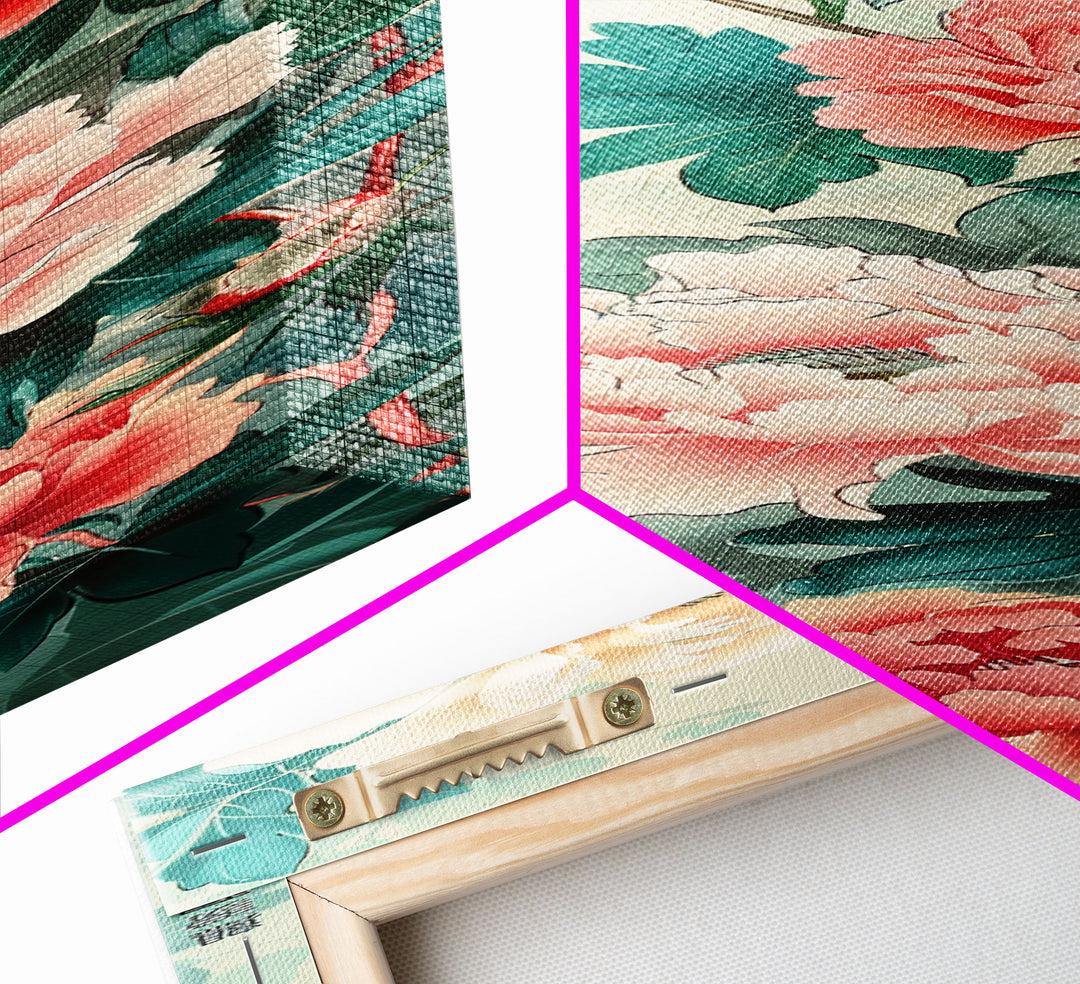 Japanese Style Art, Skinny Art, Tall Art, Peonies In Bloom Wood Block Print Framed Canvas Print Ukiyo-e Art