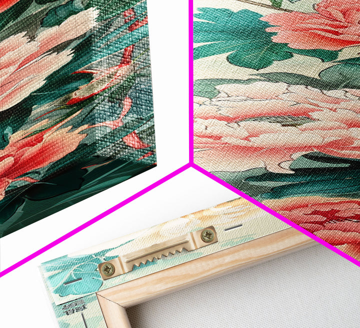 Japanese Style Art, Skinny Art, Tall Art, Peonies In Bloom Wood Block Print Framed Canvas Print Ukiyo-e Art