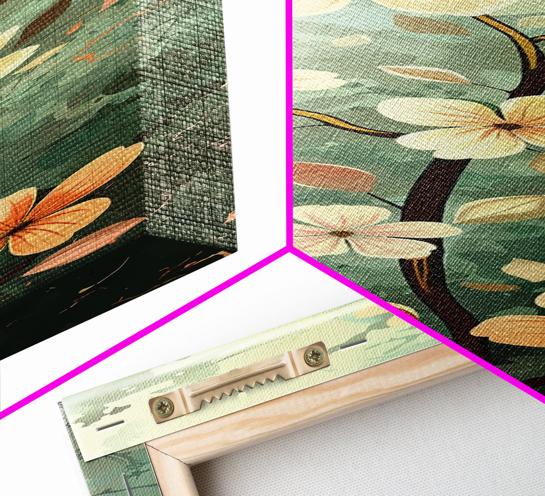 Japanese Style Art Featuring A Delicate Branch With Blooming Flowers, Skinny Art, Tall Art, Ukiyo-e Art, Framed Canvas Print, Wood Block Print