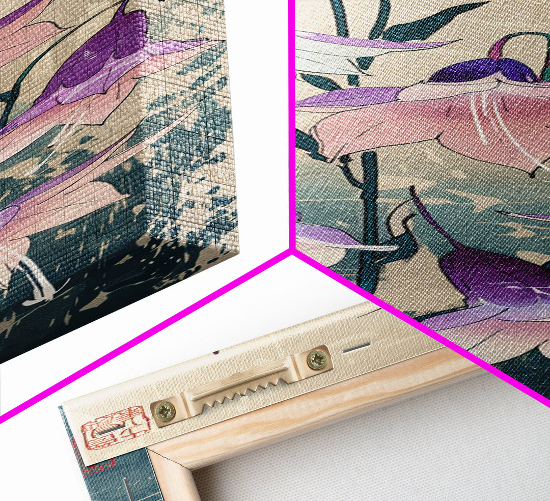 Tall Art Featuring Elegant Bellflowers In Soft Purples And Pinks Against A Muted Background, Skinny Art, Japanese Style Art, Ukiyo-e Art, Framed Canvas Print, Wood Block Print