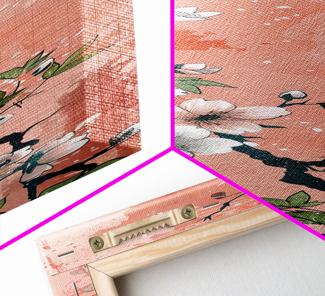 Skinny Art Tall Art Cherry Blossoms Wood Block Print Japanese Style Art With Delicate Branches On Soft Pink Background Framed Canvas Print