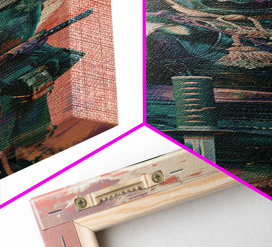 Skinny Art Tall Art Samurai Armor Wood Block Print Japanese Style Art Featuring Fierce Warrior In Full Battle Gear Framed Canvas Print