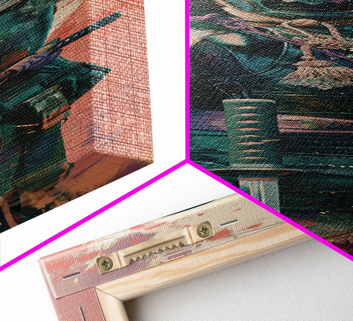 Skinny Art Tall Art Samurai Armor Wood Block Print Japanese Style Art Featuring Fierce Warrior In Full Battle Gear Framed Canvas Print