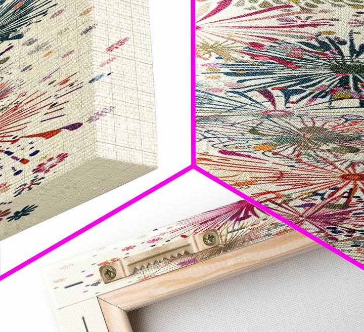 Skinny Art Tall Art Floral Burst Wood Block Print Japanese Style Art Vivid Explosions Of Colors Framed Canvas Print