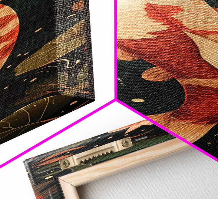 Skinny Art Tall Art Koi Fish Wood Block Print Japanese Style Art Swimming Among Lotus Flowers Framed Canvas Print