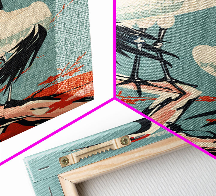Pair Of Cranes Perched On Branch Against Orange Sun Background Skinny Art Wood Block Print Framed Canvas Print