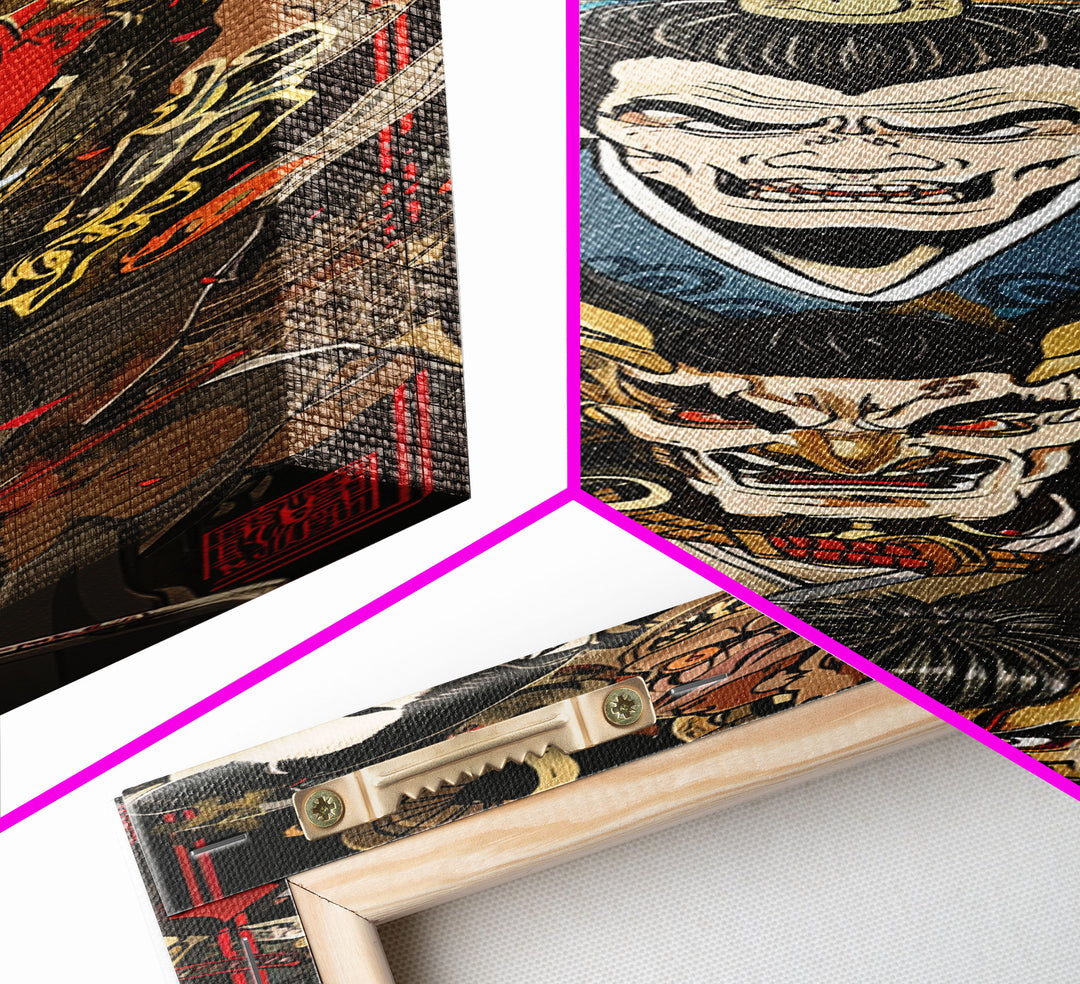 Fierce Samurai Warriors With Oni Mask Tall Art Ukiyo-e Art Wood Block Print Framed Canvas Print