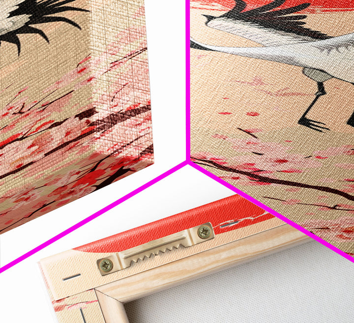 Elegant Crane Bird In Mid-flight Against Bold Red Sun Ukiyo-e Tall Skinny Wood Block Framed Canvas Print Japanese Style Art