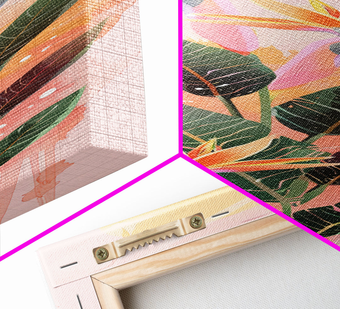 Vibrant Bird Of Paradise Flowers Against Soft Pastel Background Ukiyo-e Style Skinny Tall Wood Block Framed Canvas Print