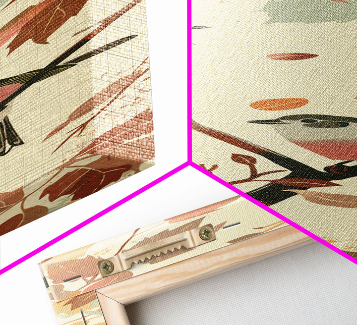 Charming Small Birds On Autumn Branches For Cozy Fall-Themed Wall Art Japanese Style Framed Canvas Print