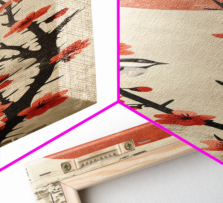 Delicate Birds Perched On Blooming Branch With Red Sun For Traditional Japanese Wall Art Decor Ukiyo-e Style Framed Canvas Print