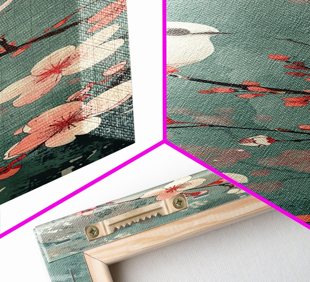 White Bird Perched On A Branch With Blossoms – Framed Canvas Print Combining Skinny Art And Tall Art Inspired By Ukiyo-E Art And Japanese Style Art