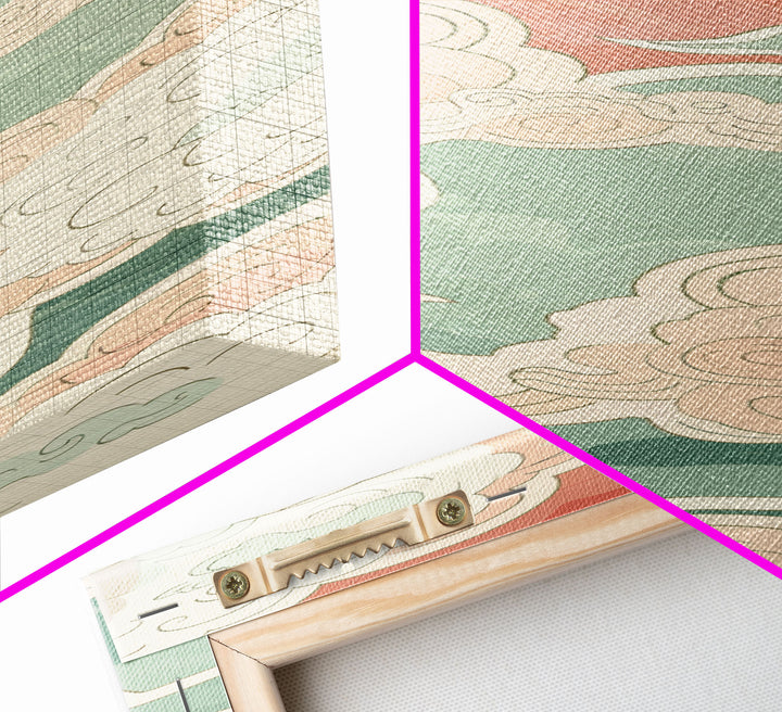 Traditional Japanese Cloud Design In Pastel Colors, Ukiyo-e Style Canvas, Framed Canvas Print, Tall Skinny Japanese Wall Art, Ready To Hang