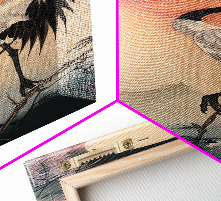 Japanese Crane With Moon And Wisteria - Skinny Art Tall Art Framed Canvas Print Japanese Style Art Ukiyo-e Art