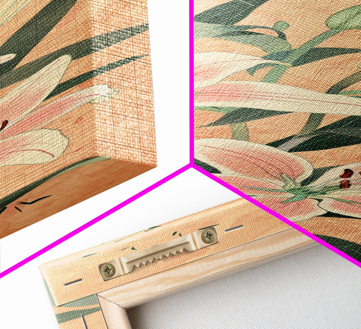 Delicate Lily Flowers Blooming In Japanese Style Ukiyo-e Art Framed Canvas Print Skinny Art Tall Art