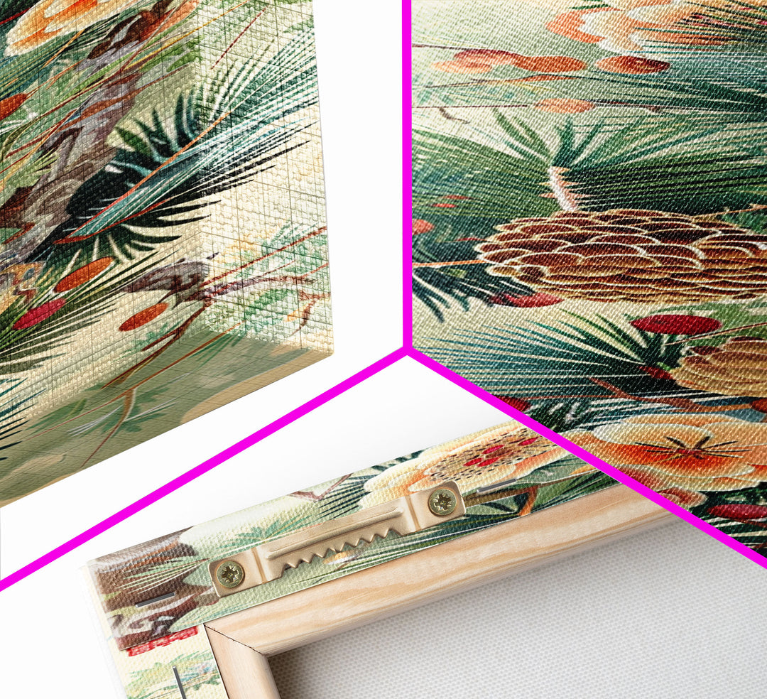 Pine Tree Branches With Blossoms And Pine Cones In Japanese Style Ukiyo-e Art Framed Canvas Print Skinny Art Tall Art