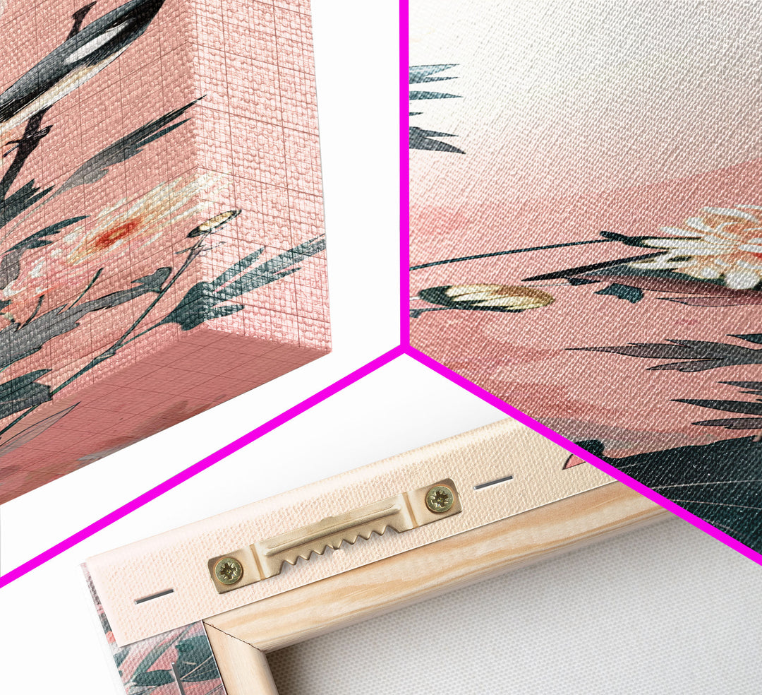 Tall Skinny Art Japanese Style Wood Block Print Birds On Branches Against A Soft Background For Framed Canvas Print In Ukiyo-e Style