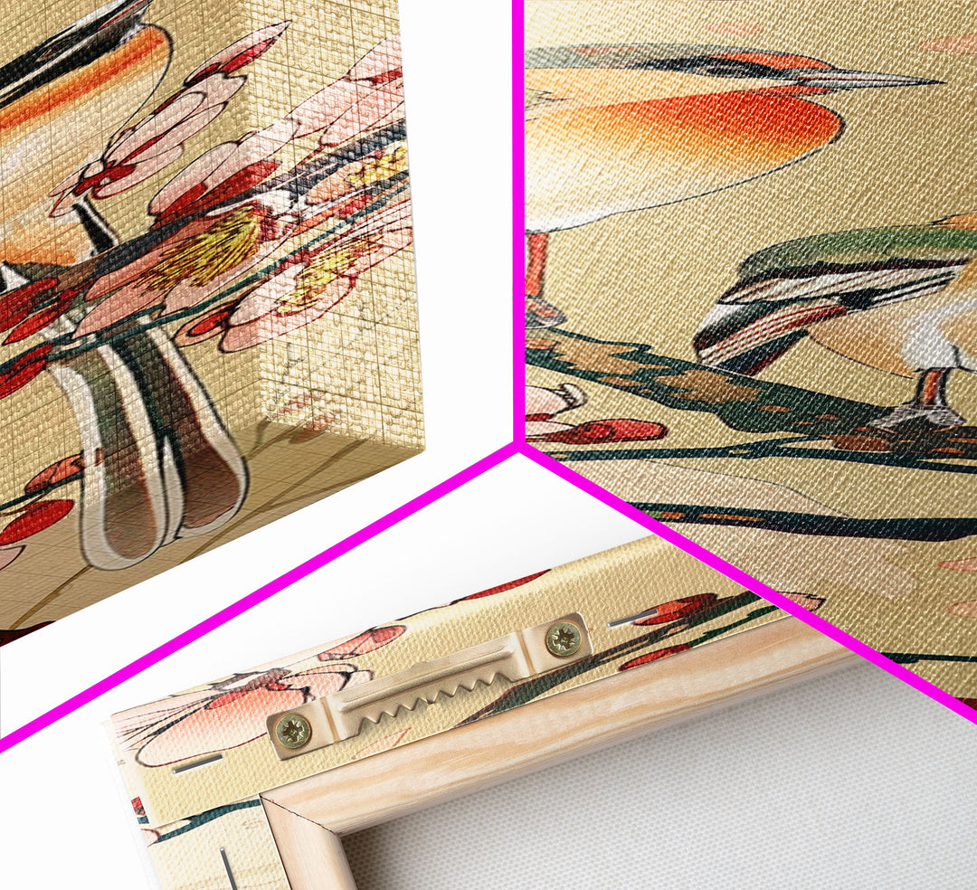Tall Skinny Art Japanese Style Wood Block Print Vibrant Birds On Flowering Branches In Ukiyo-e Style For Framed Canvas Print