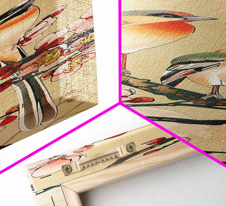 Tall Skinny Art Japanese Style Wood Block Print Vibrant Birds On Flowering Branches In Ukiyo-e Style For Framed Canvas Print