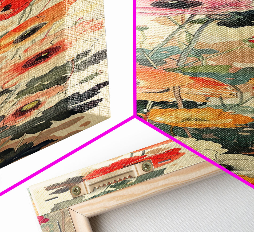 Tall Skinny Art Japanese Style Wood Block Print Colorful Poppy Flowers On A Neutral Background For Framed Canvas Print In Ukiyo-e Style