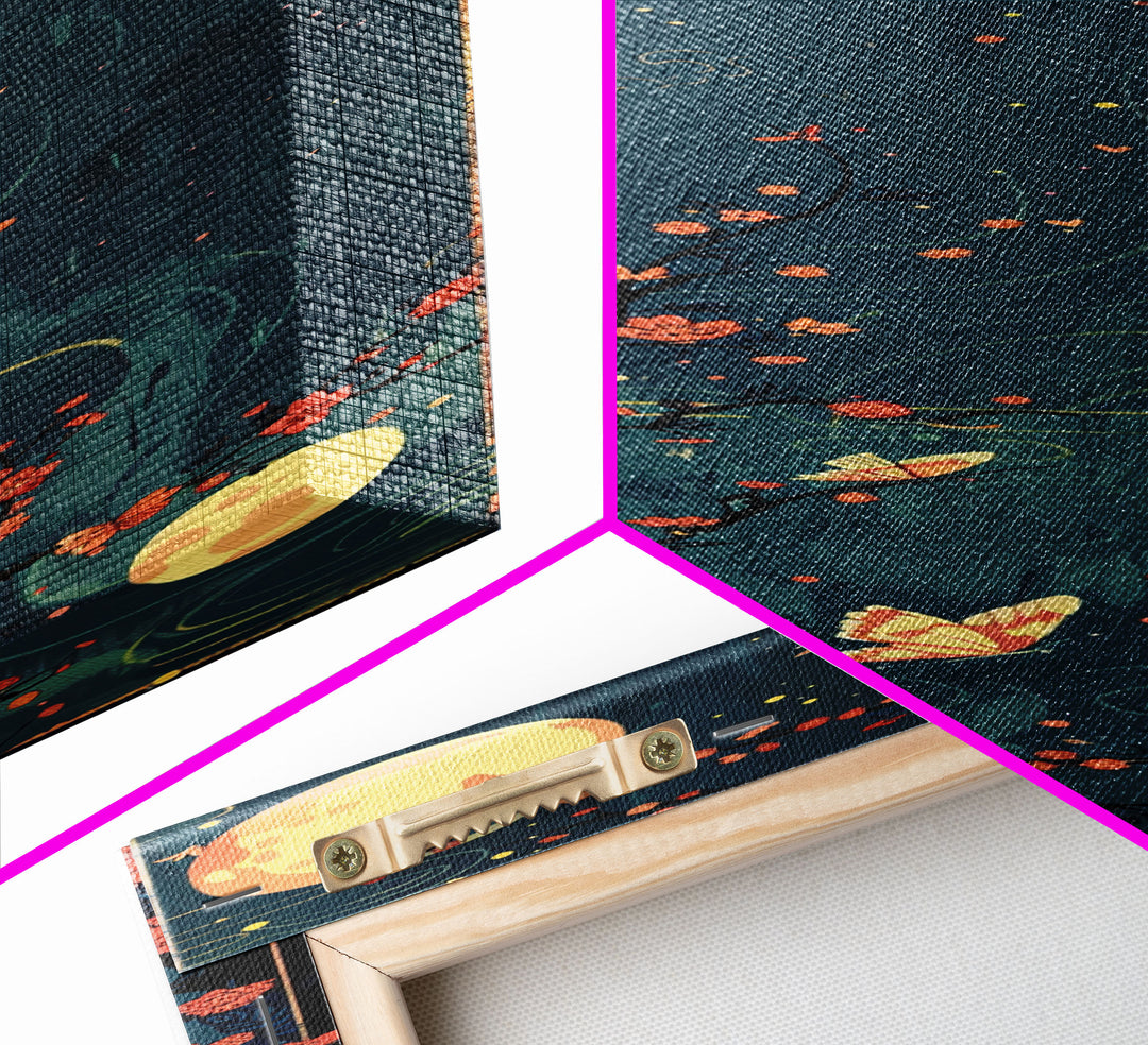 Tall Skinny Art Japanese Style Wood Block Print Night Scene With Lanterns And Cherry Blossoms For Framed Canvas Print In Ukiyo-e Style