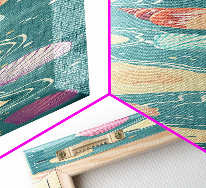 Shells On Shoreline Canvas In Ukiyo-e Style, Japanese Woodblock Print, Framed Canvas Print, Tall Skinny Japanese Wall Art, Ready To Hang