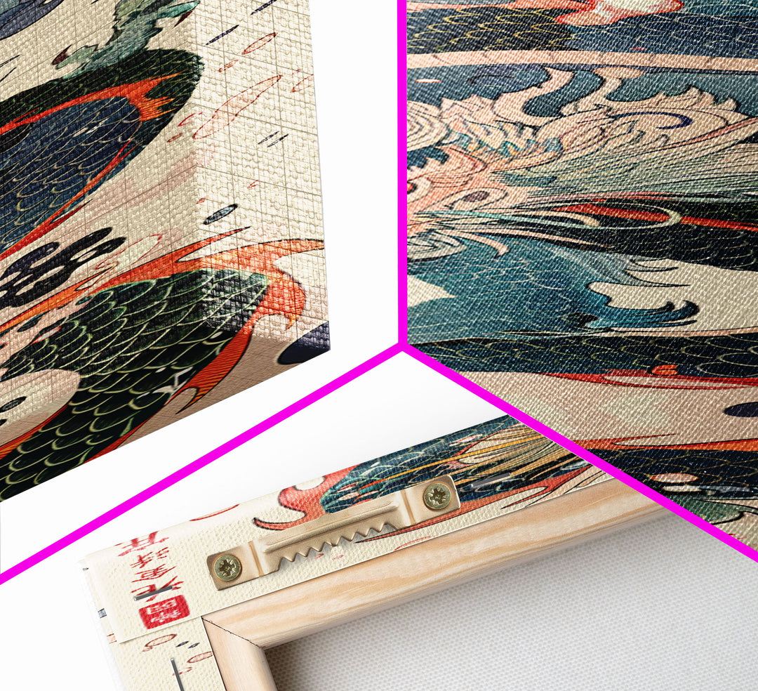 Tall Skinny Art Japanese Style Wood Block Print Dynamic Dragon In Traditional Colors On A Cream Background For Framed Canvas Print