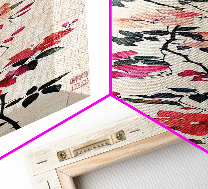 Pink Bougainvillea Vines On White Background Skinny Art Wood Block Print Japanese Style Art Framed Canvas Print Tall Art Ukiyo-e Art