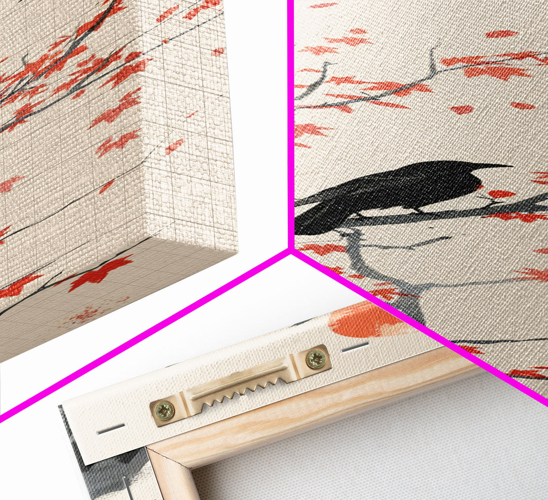 Crows On Bare Tree Branches Against Red Sun Skinny Art Wood Block Print Japanese Style Art Framed Canvas Print Tall Art Ukiyo-e Art