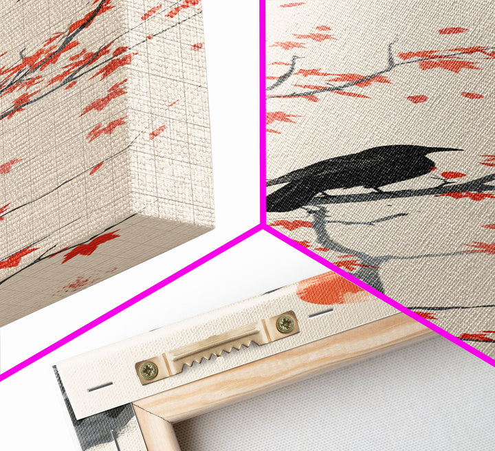 Crows On Bare Tree Branches Against Red Sun Skinny Art Wood Block Print Japanese Style Art Framed Canvas Print Tall Art Ukiyo-e Art
