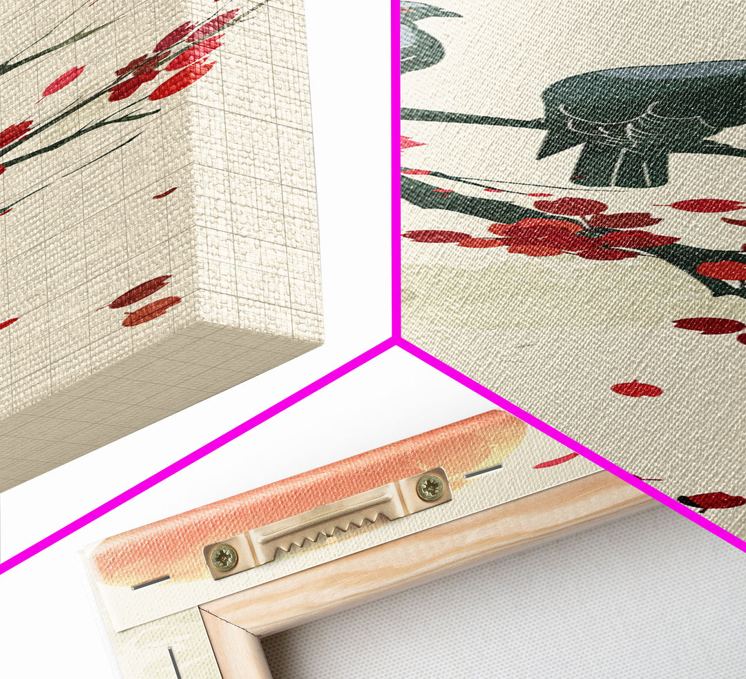 Two Pigeons On Branch With Red Leaves Skinny Art Wood Block Print Japanese Style Art Framed Canvas Print Tall Art Ukiyo-e Art