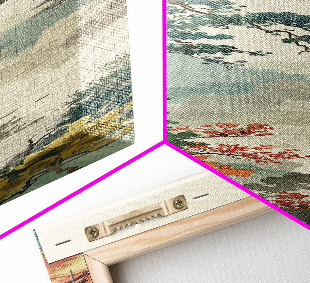 Pagoda And Pine Tree In Misty Landscape Skinny Art Wood Block Print Japanese Style Art Framed Canvas Print Tall Art Ukiyo-e Art