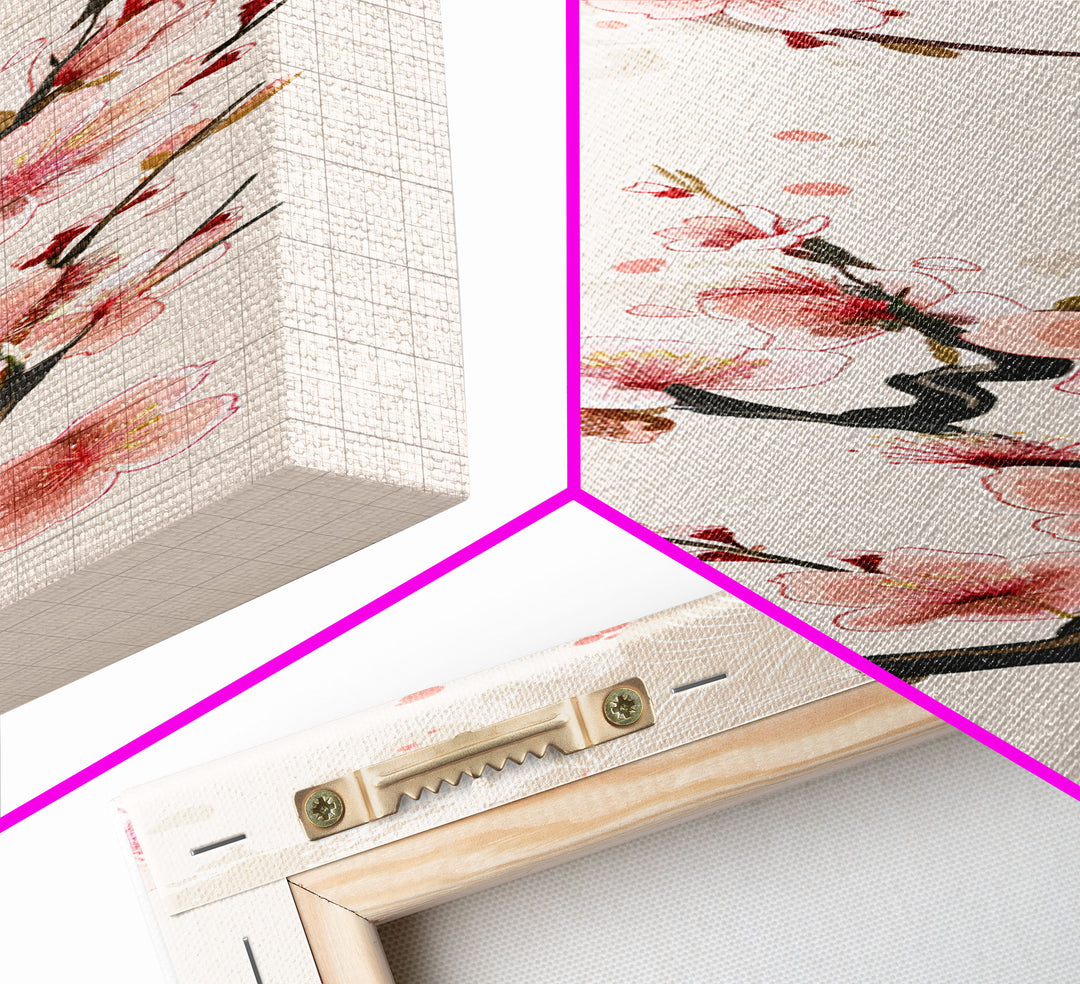 Cherry Blossom Branches On Canvas In Japanese Ukiyo-e Style, Traditional Woodblock Print, Framed Canvas Print, Tall Skinny Japanese Wall Art, Ready To Hang