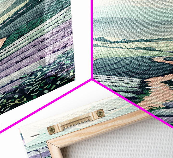 Tranquil Lavender Fields Skinny Art Tall Art Japanese Ukiyo-e Inspired Landscape Framed Canvas Print for Serene Living Spaces