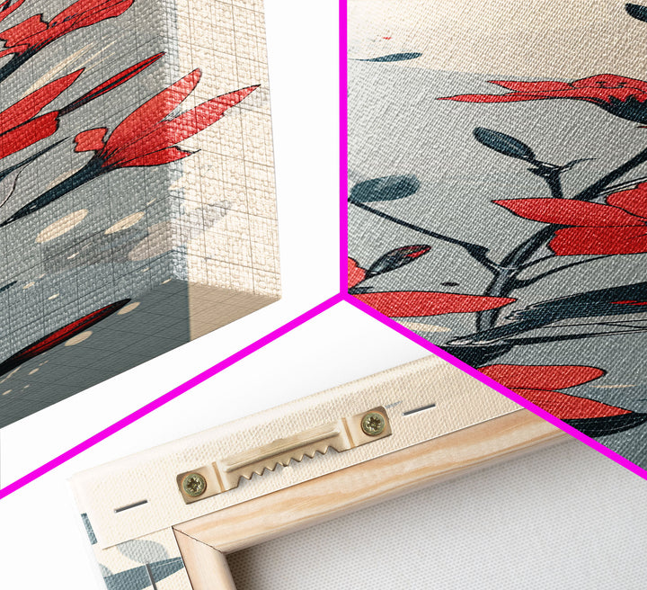 Hummingbird and Red Flowers Skinny Art Tall Art Japanese Ukiyo-e Inspired Nature Framed Canvas Print for Vibrant Interiors