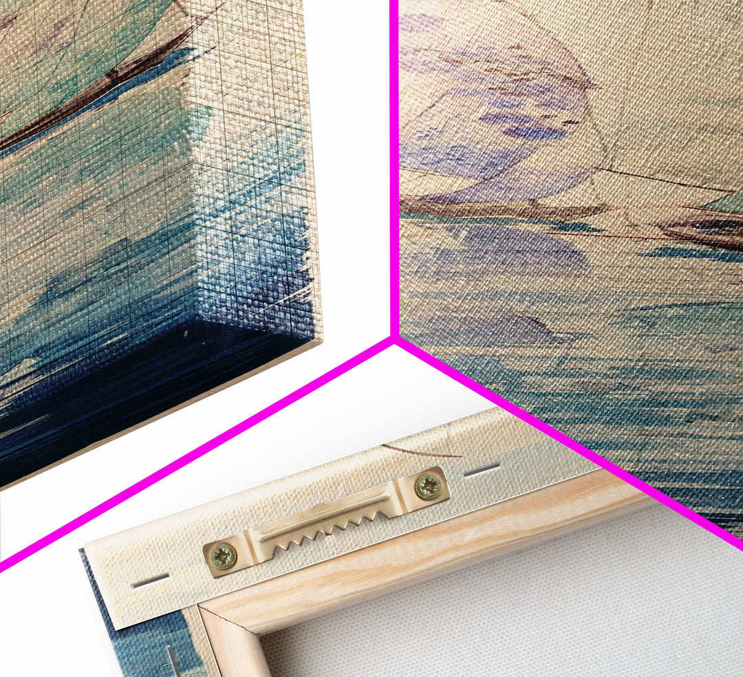 Sailboats On Calm Sea Canvas In Japanese Ukiyo-e Style, Traditional Woodblock Print, Framed Canvas Print, Tall Skinny Japanese Wall Art, Ready To Hang
