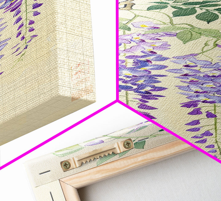 Cascading Wisteria Blossoms in Shades of Purple and Green - Skinny Art, Japanese Wall Decor, Framed Canvas Print, Ukiyo-e Style