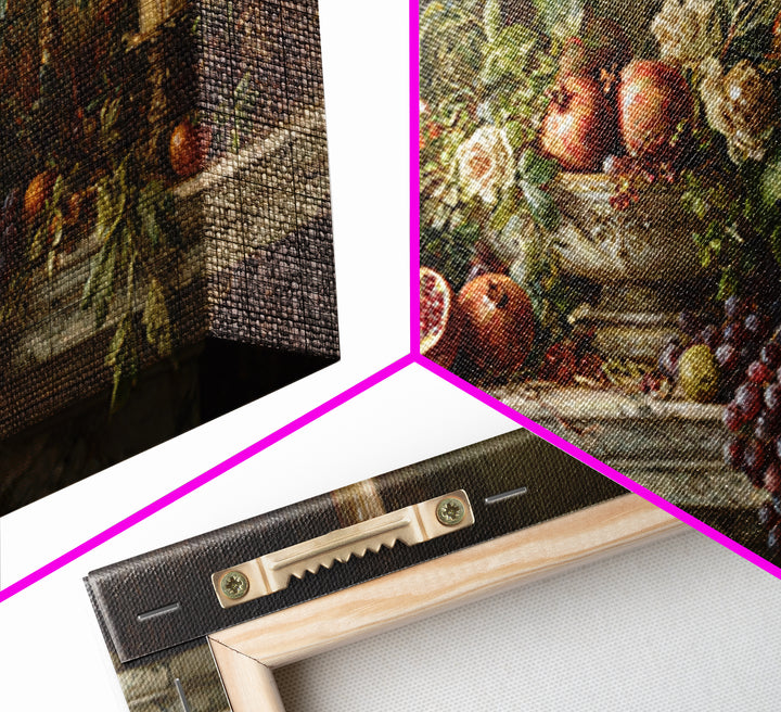 Pomegranate and Grapes on Marble Ledge Framed Canvas Print, Renaissanceinspired Art, Home Decor, Living Room Decor, Classic, REN-2x1-13
