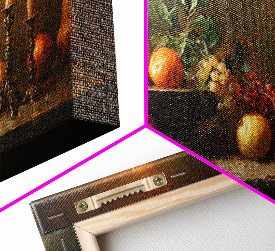 Oil Painted Fruit Still Life on Dark Framed Canvas Print, Renaissanceinspired Art, Fantasy Decor, Living Room Decor, Classic, REN-2x1-95