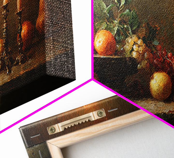Oil Painted Fruit Still Life on Dark Framed Canvas Print, Renaissanceinspired Art, Fantasy Decor, Living Room Decor, Classic, REN-2x1-95