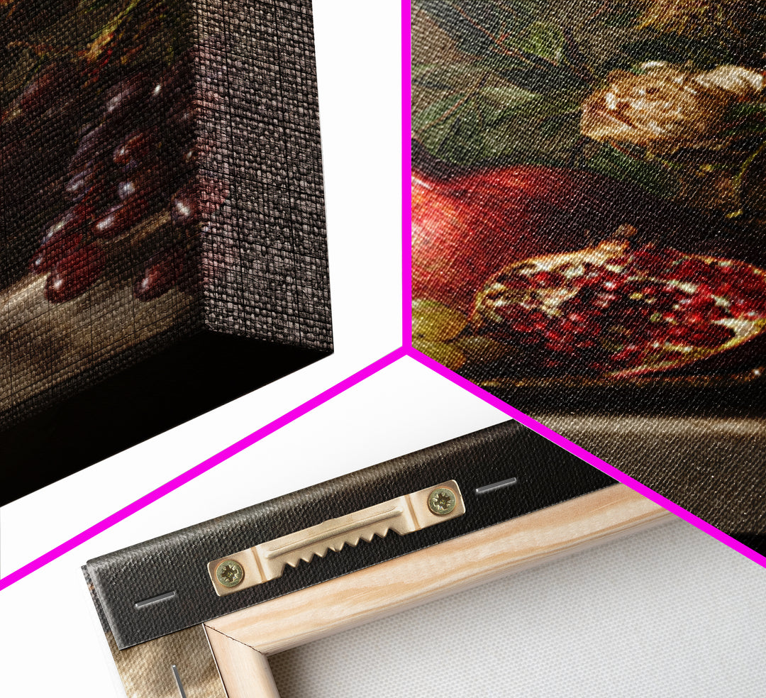 Pomegranate and Grapes on Marble Ledge Framed Canvas Print, Renaissanceinspired Art, Home Decor, Living Room Decor, Classic, REN-2x3-1